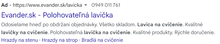 Príklad textovej reklamy pre eshop evander.sk