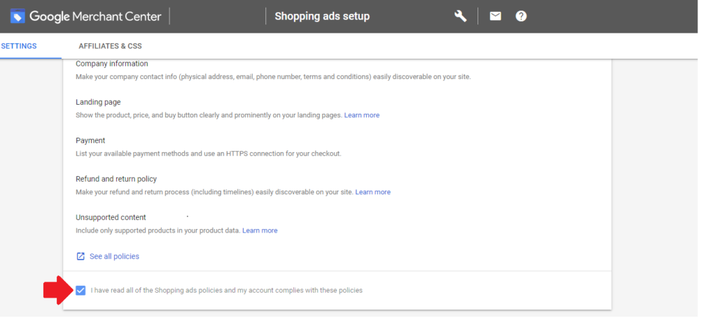 Potvrdenie súhlasu s akceptovaním podmienok pre spustenie Google Shoppingu.