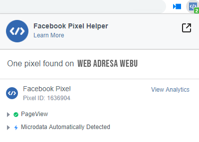 Zobrazenie funkčnosti pixel kódu prostredníctvom rozšírenia Facebook pixel Helper.