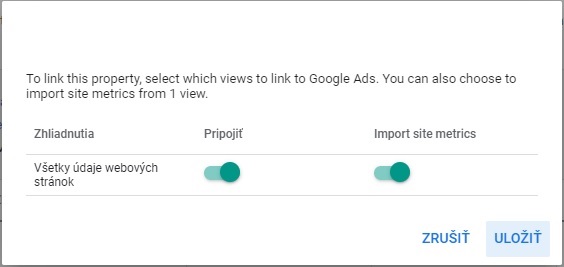 Potvrdenie prepojenia Google Ads s Google Analytics.