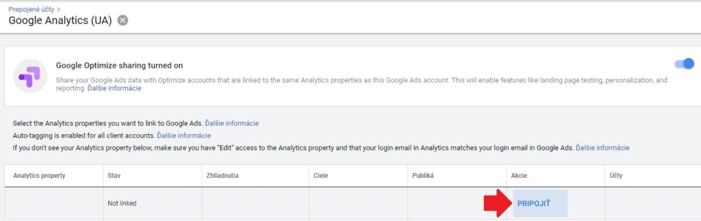 Výber Analytics účtu pre prepojenie s Google Ads.